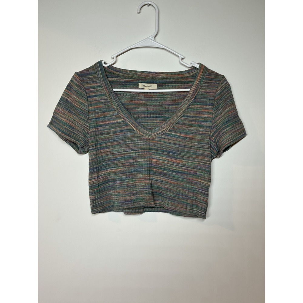 Madewell Multicolor Short Sleeve Space-Dye Brightside Rib V-Neck Crop Tee Sz M
